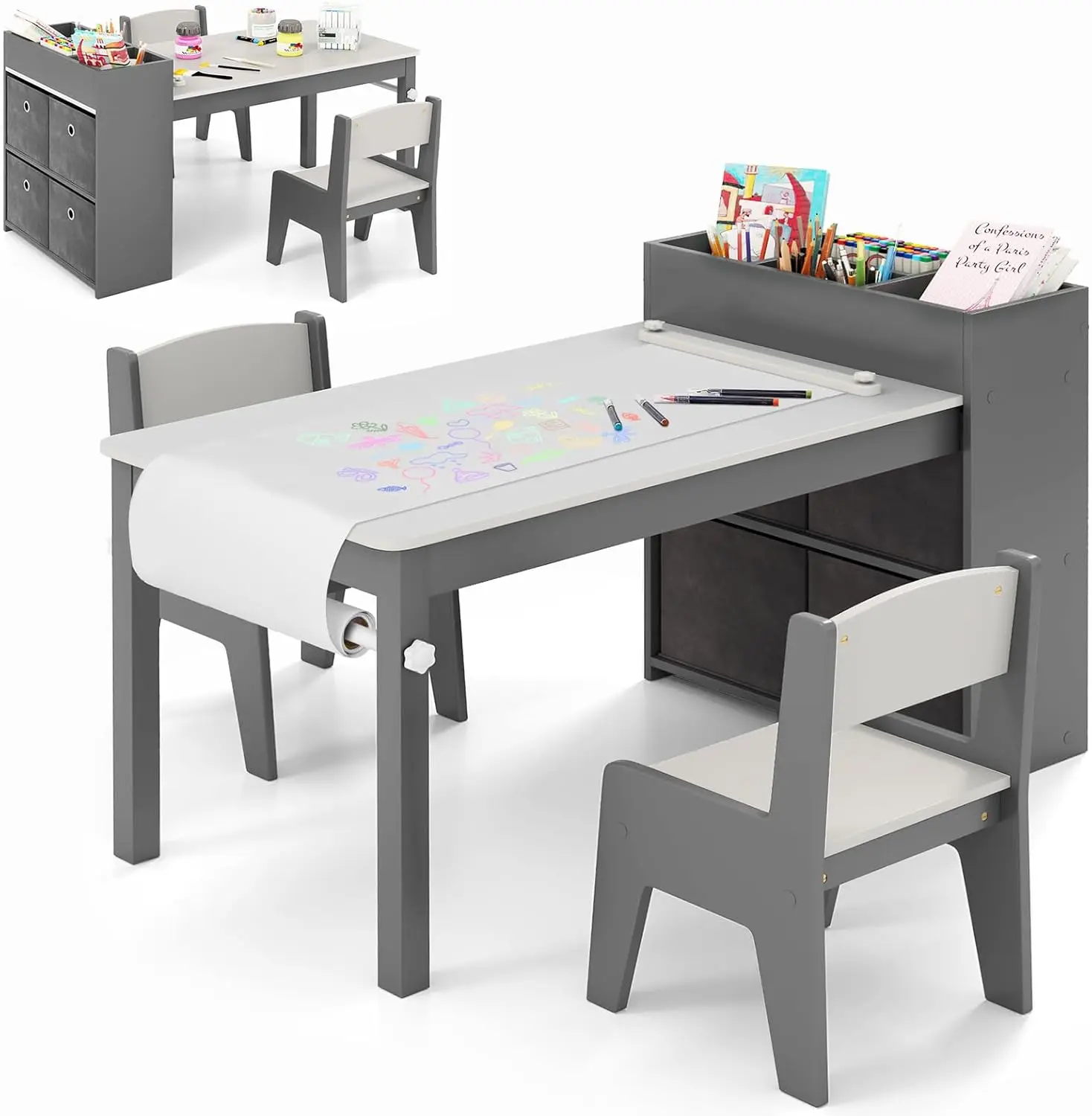 طقم مكتب فني خشبي للأطفال مع كراسي و4 صناديق قماش، رمادي