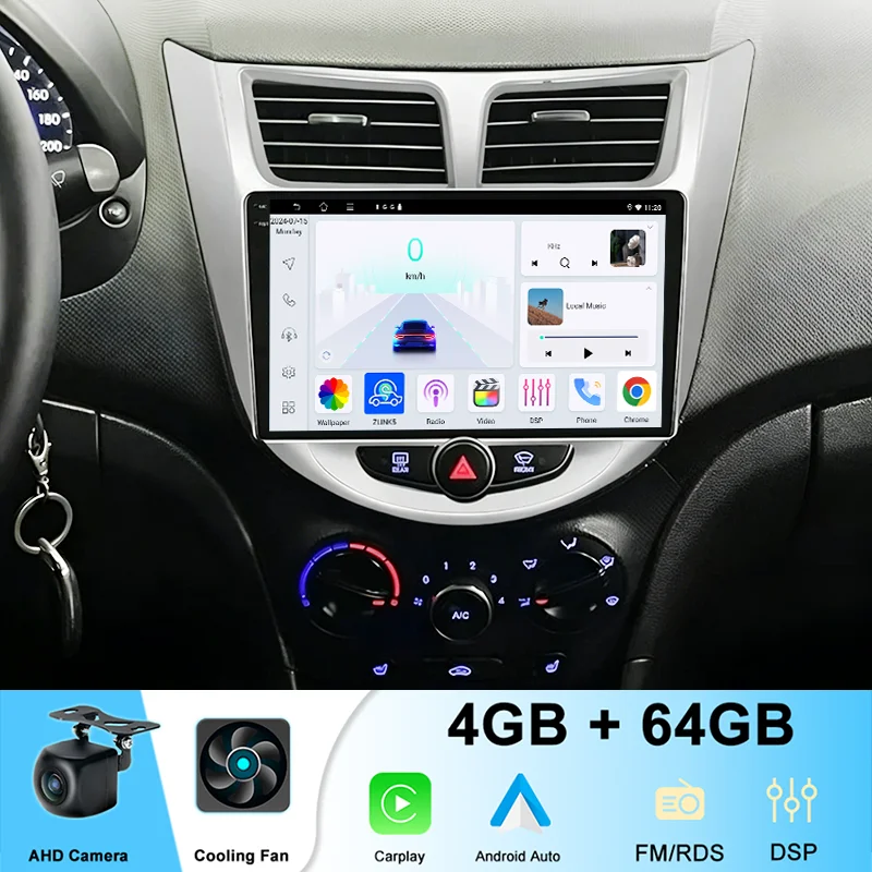 9'' 4+64GB For Hyundai Accent 2012-2017 Car Radio Wireless Carplay Android 15 Auto Head Unit GPS Navi + Outer Frame + Cable
