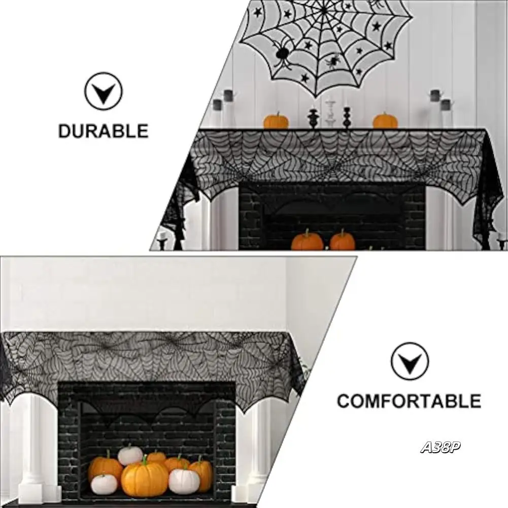 

Halloween Spider Web Fireplace Cover Black Lace Set Disposable Decoration