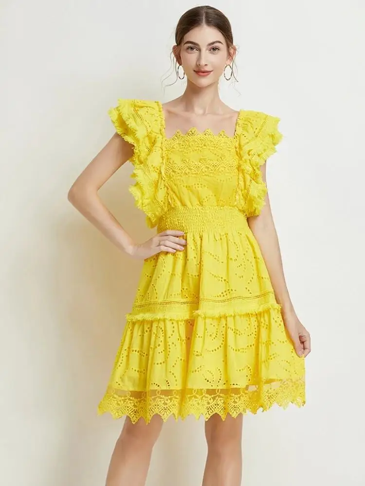 Chic Fliegen Sleeve Elastische Backless Spitze Borte Saum EINE Linie Kleid Sommer Elegante Frauen Solide Aushöhlen Stickerei Party Vestidos