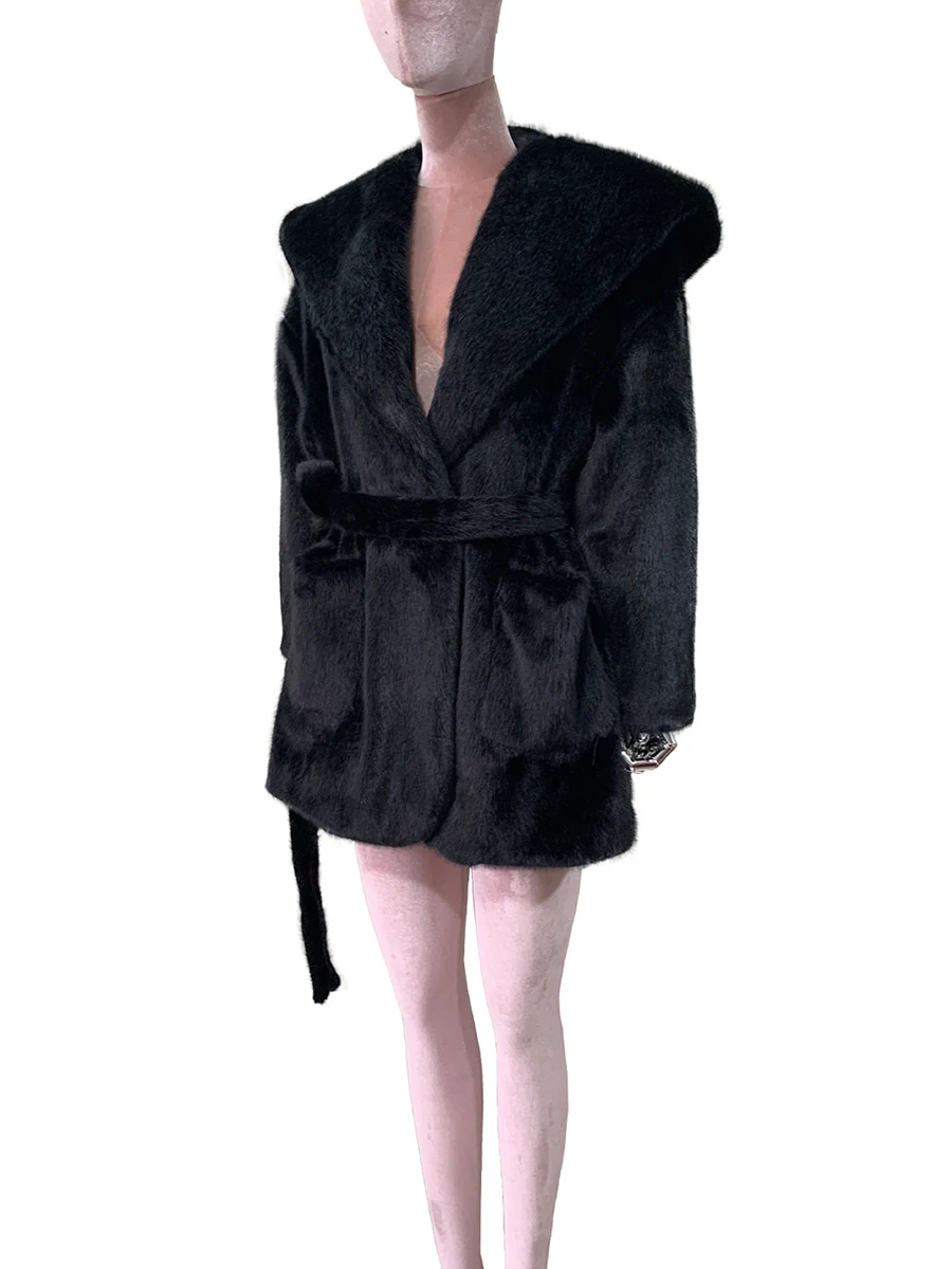 Autumn Winter Warm Thick Soft Faux Mink Fur Coat Women with Hood Sashes Elegant Chic Luxury Designer Clothes Fluffy Jacket 2025