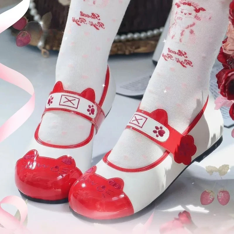 Japanese Style Cat Design Girl Lolita Mary Jane Shoes Colorblock Kawaii Women Flat Casual Shoes