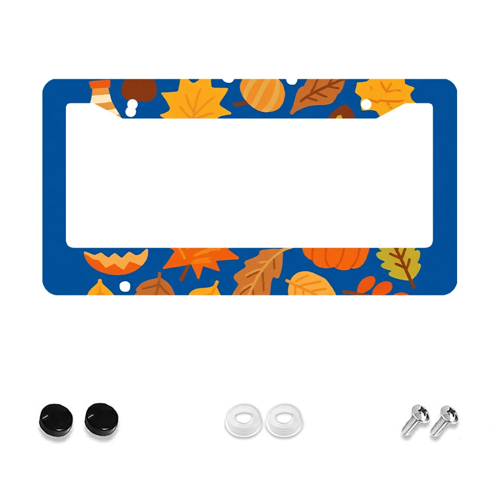 

1 шт., синие красочные листья и тыквы, узор, 2 отверстия, рамка номерного знака, алюминиевый материал, 6x12 дюймов, с набором винтов, ретро ноябрь