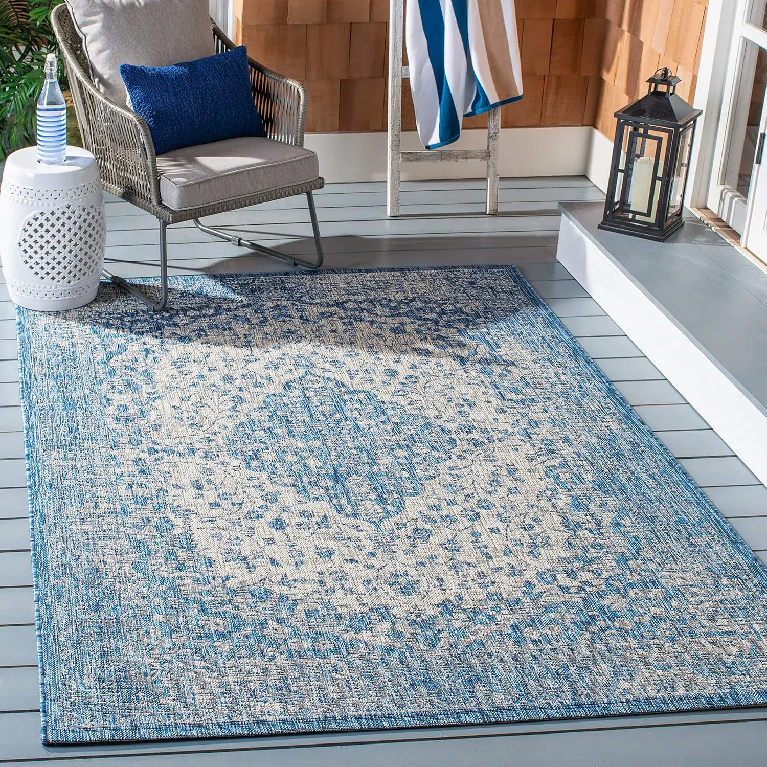 

Washable Rug Outdoor Courtyard Collection - 9' x 12', Blue & Grey, Non-Shedding & Easy Cleaning, Ideal for Patio, Backyard, M