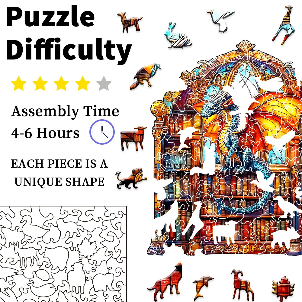 Quebra-cabeça de madeira de dragão mágico e biblioteca com peças de formato exclusivo