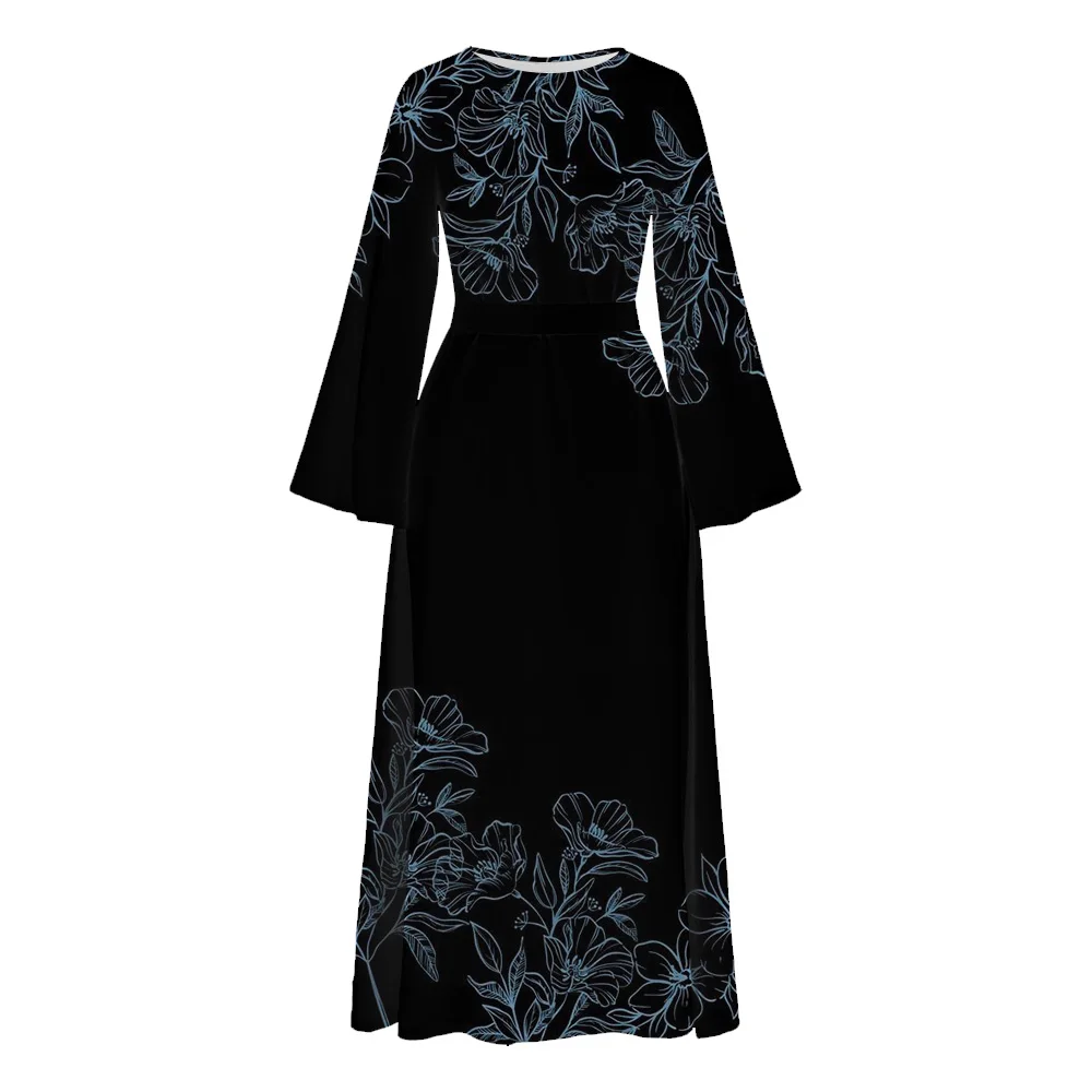 Demure Abaya Women Muslim Dress Dubai Full Length Flare Sleeve Floral Print Islam Abaya With Belt Moroccan Dubai Turkey Robe