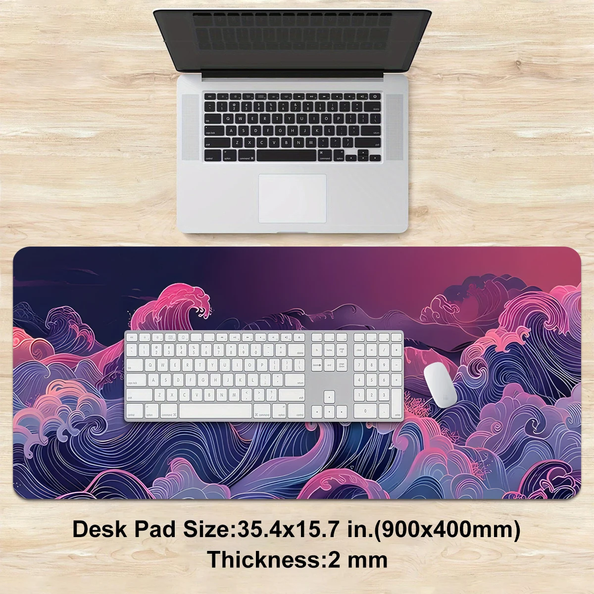 판타지 핑크-퍼플 오션 웨이브 마우스 패드 멀티 사이즈 세탁 가능 미끄럼 방지 스티치 엣지 컴퓨터 키보드 데스크 매트 게임용 사무실용
