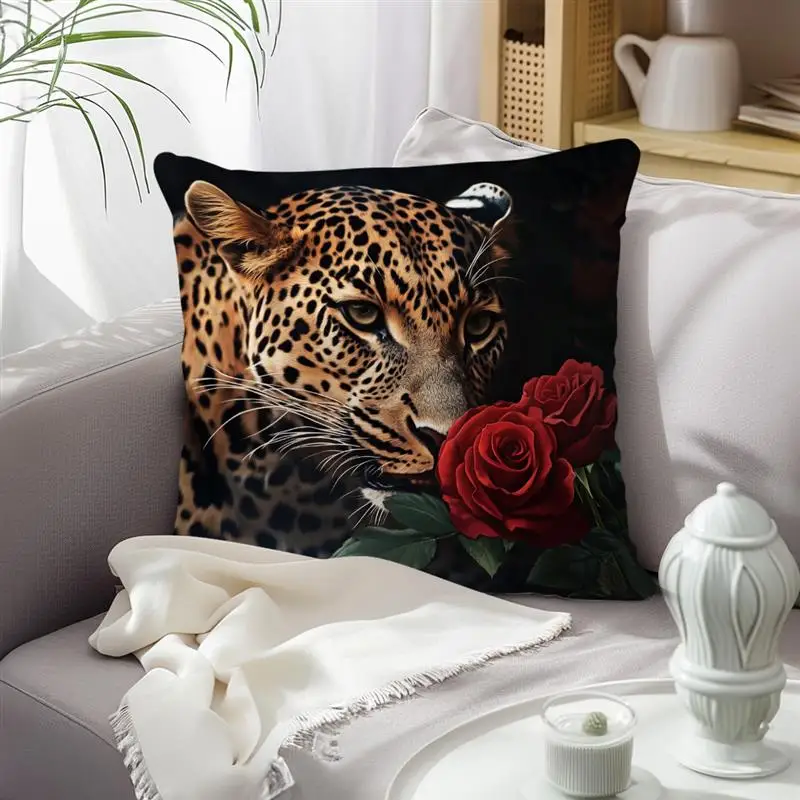 1pcs/1 Pair Fashion Rose Leopard And Blue Rose Wolf Animals Portrait Painting Cushion Covers Decorative Pillows Case Home Decor