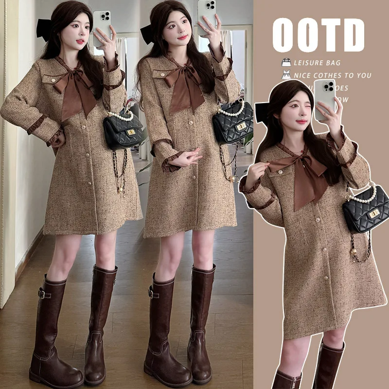 

Шикарный комплект платья для беременных, осенний наряд для беременных, твидовое платье с длинными рукавами и курткой, приятное для миниатюрности, модное из двух предметов