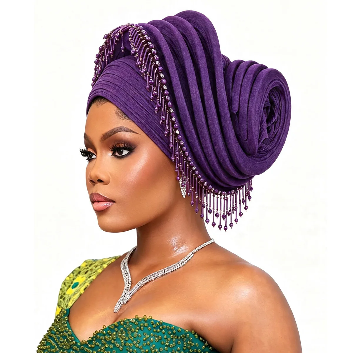 Luxury Tassel Beads Spiral Turban Hat for Women African Head Wrap Wedding Party Headtie Auto Gele Hijab Muslim Bonnet Headpiece