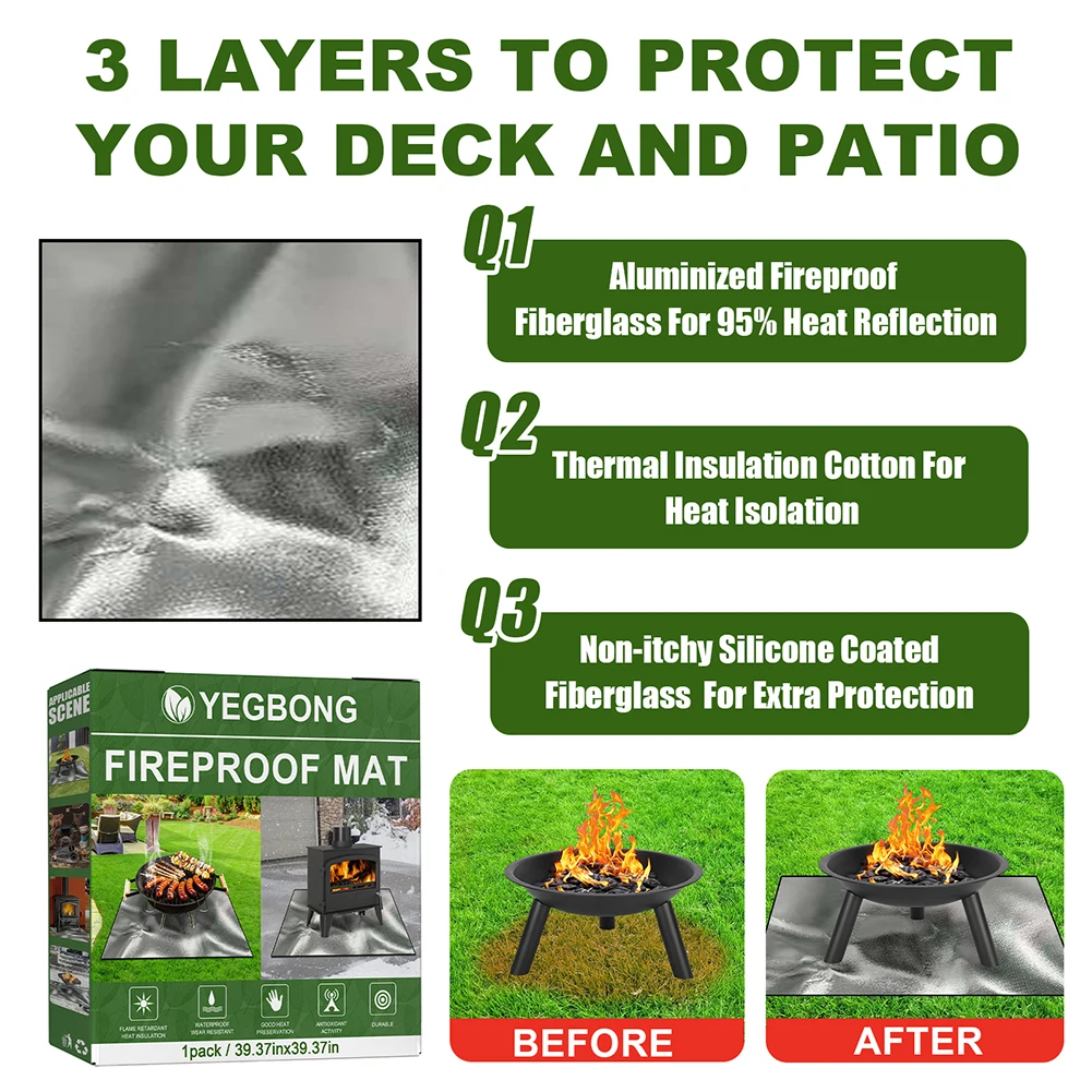 100cmx100cm Square Fire Pit Mat Heat Resistant Fireproof Mat Easy To Clean Large Fire Pit Mat for Grass Outdoor for Deck Patio