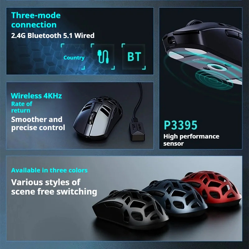 DAREU a950 Wireless Mouse RGB Portable Bluetooth Tri-mode Paw3395 Gaming Mouse For Computer Keyboard Computer Office Mice Gift