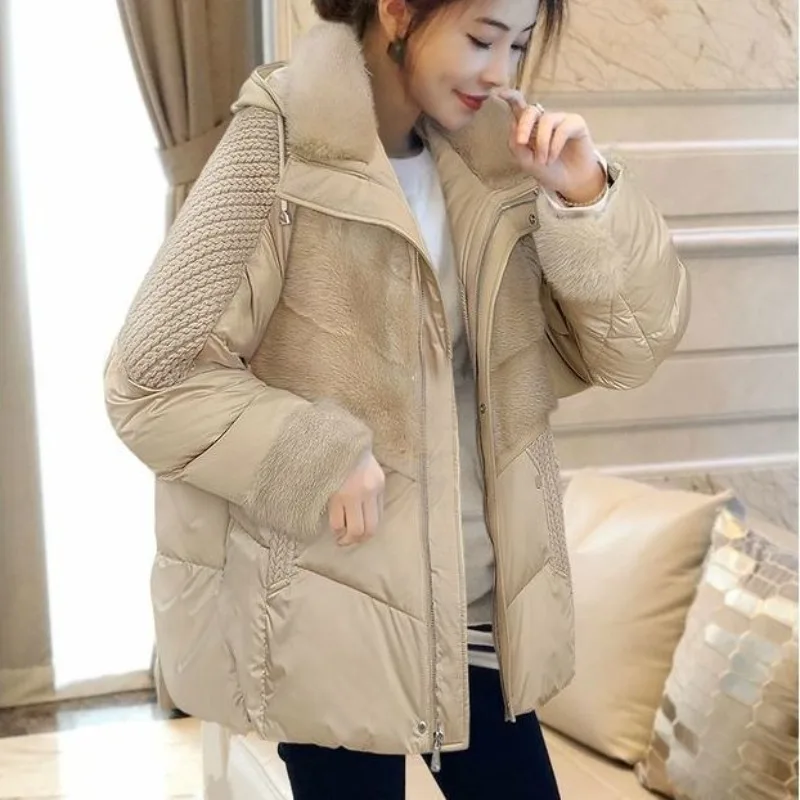 Jaqueta feminina bege com capuz, patchwork, charmosa, jovem, espessada, solta, roupa de inverno, novo estilo, jaqueta feminina