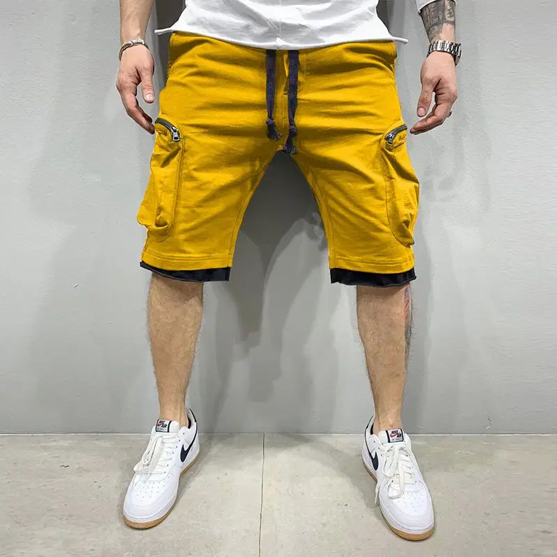 2024 Summer Men High Street Solid Color Loose Pants Contrasting Colors Comfortable Casual Patchwork Affordable All-match Shorts