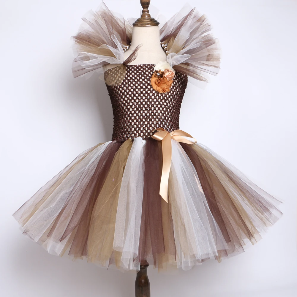 Wild Lion Mane Tutu Dress Brown Flowers Baby Girls Party Dresses Children Clothes Animal Cosplay Halloween Lion Costume for Kids