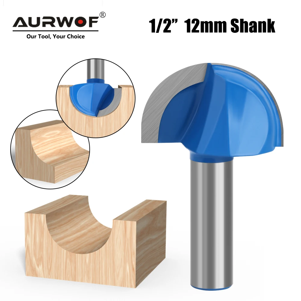 AURWOF 1Pc Core Box Router Bit Set 1/2" & 12mm Shank Carbide Tipped Round Groove Cutter 1"-2" Dia For Wood CNC