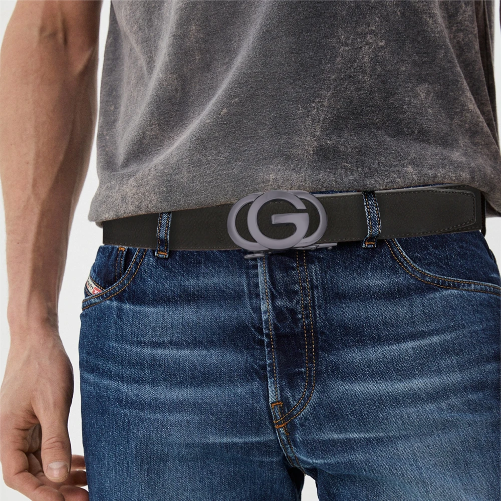 Leather Belt Men High Quality Genuine Leather Belts, Automatic Buckle Belt, Adjustable No Hole Belt Jeans Belt for Men
