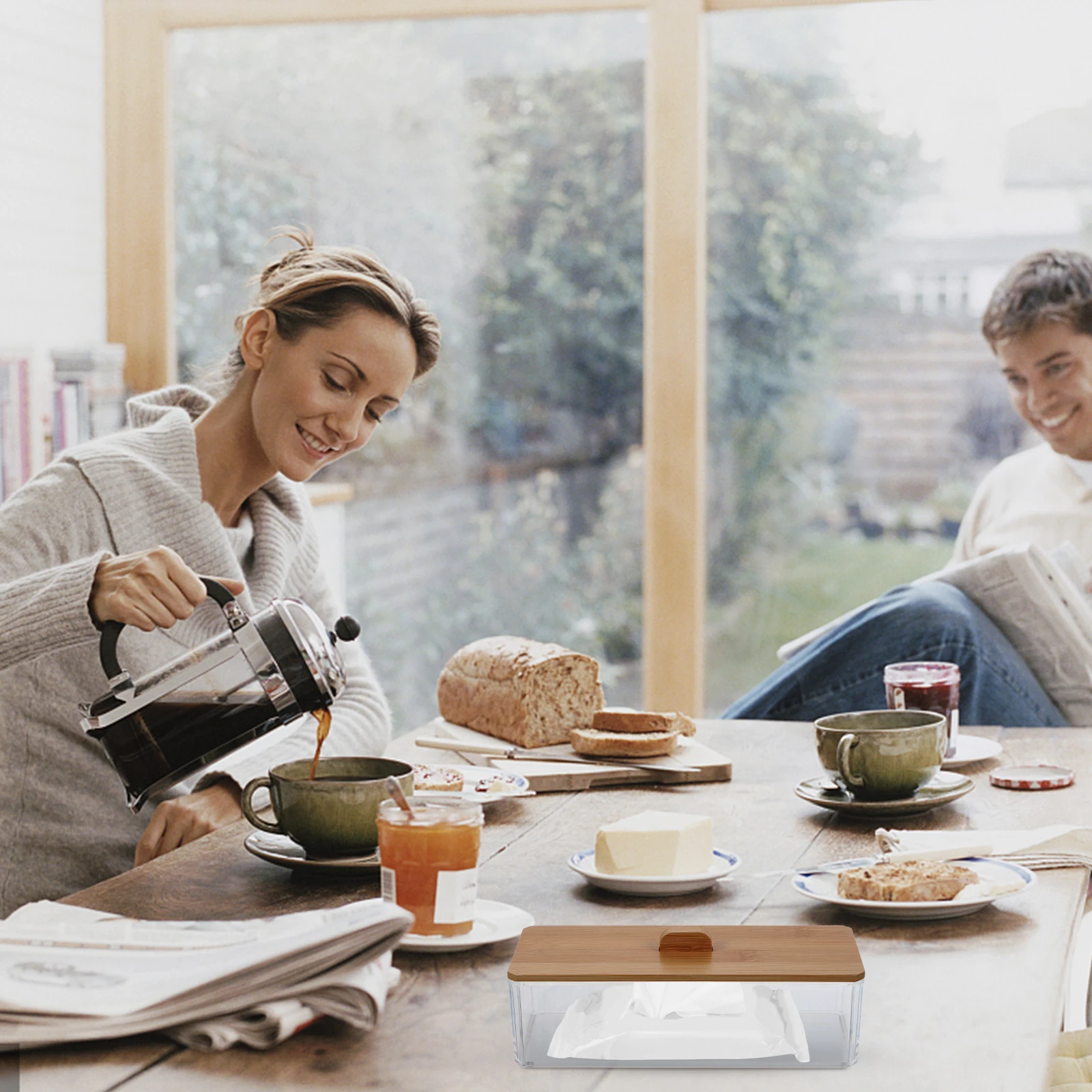 

Acrylic Tissue Box Bamboo Lid Square Napkin Holder For Living Room Bedroom Dining Table Household Multi-Function Paper Storage