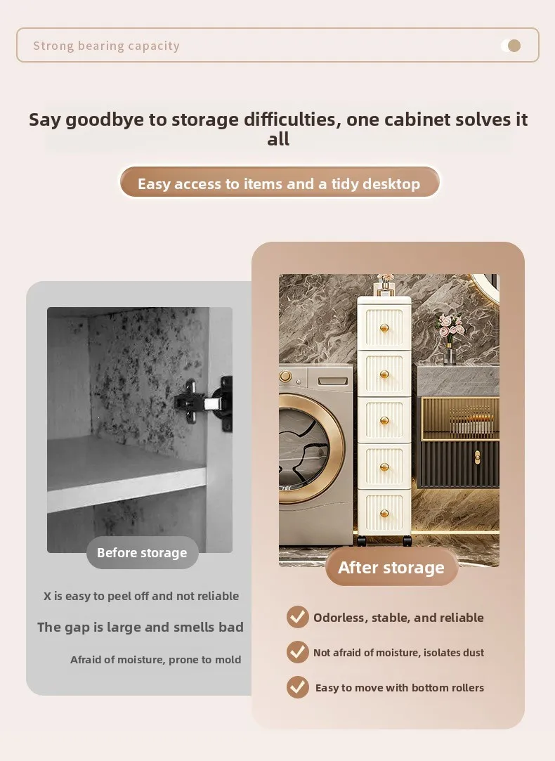 Slim Rolling Storage Cabinet with Pull Out Drawers, Space Saving Organizer for Bathroom Kitchen and Narrow Spaces