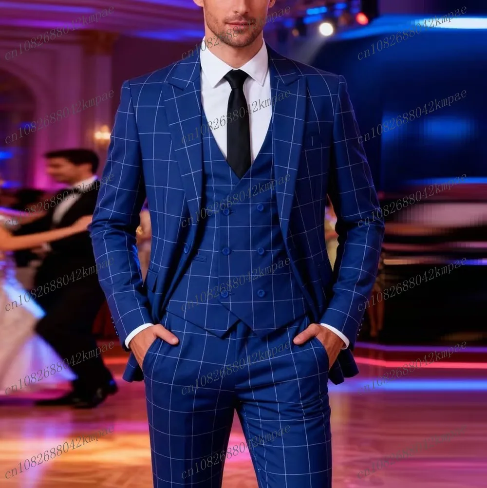 

New Plaid Blue Men Suit Groom Groomsman Wedding Party Formal Business Prom Male Tuxedos 3 Piece Set Blazer Vest Pants