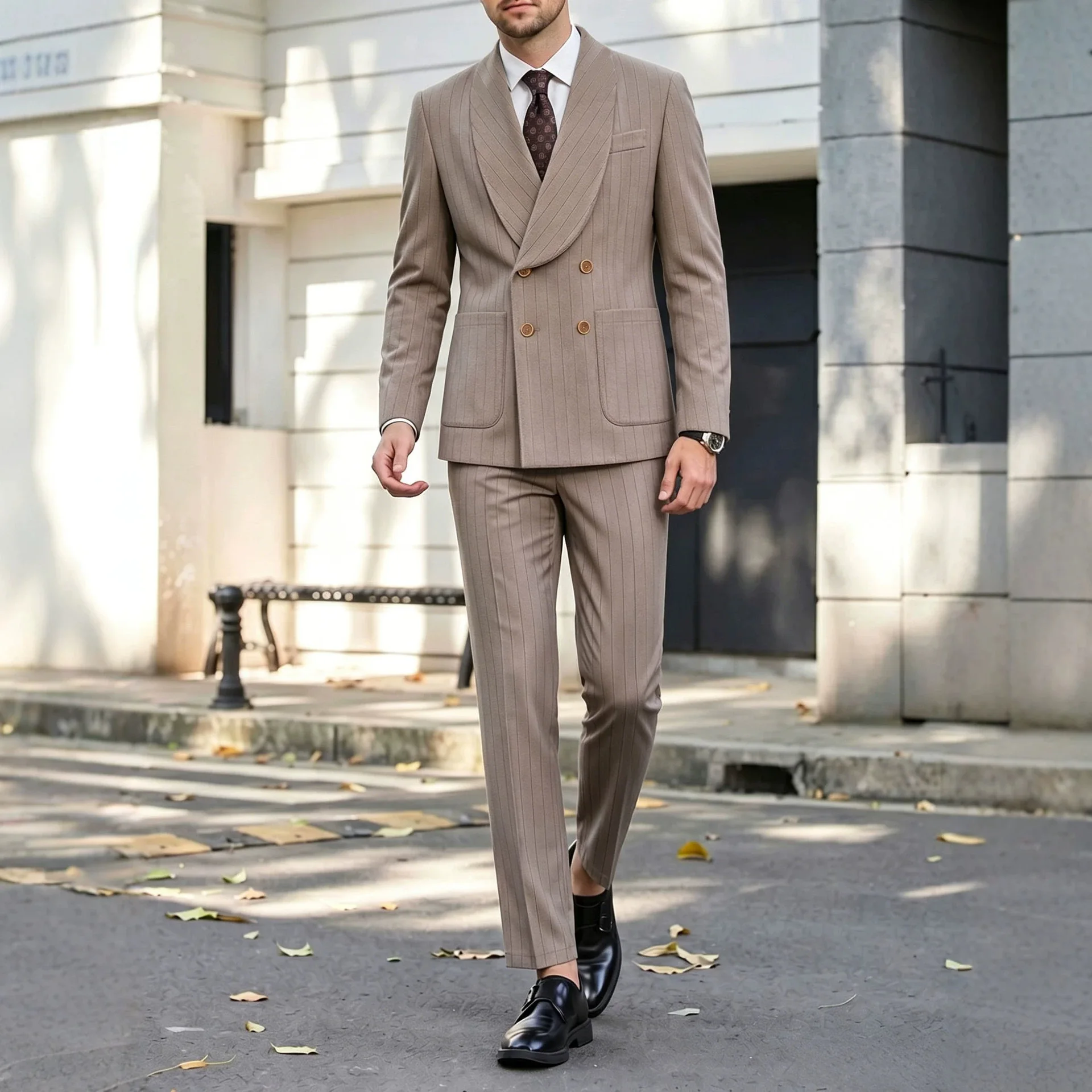 2026 European And American Men's Clothing Business Gentleman's Formal Clothing Double-breasted Green Fruit Collar Striped Men
