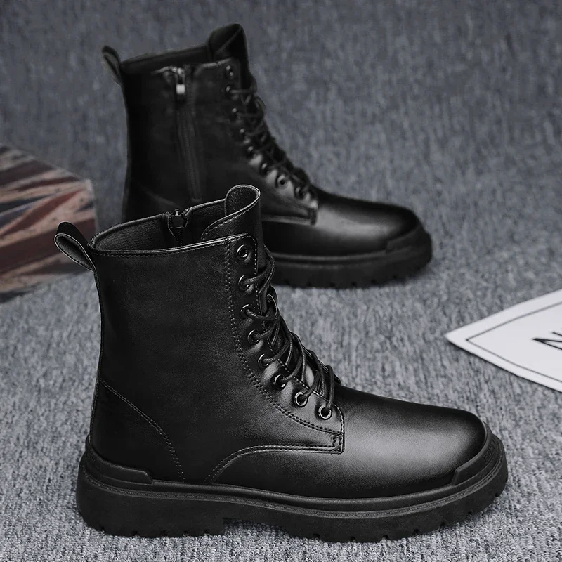 Botas de hombre a la moda, botas altas para motocicleta, nuevas botas de cuero informales, zapatos de trabajo impermeables para hombre, plataforma hasta el tobillo