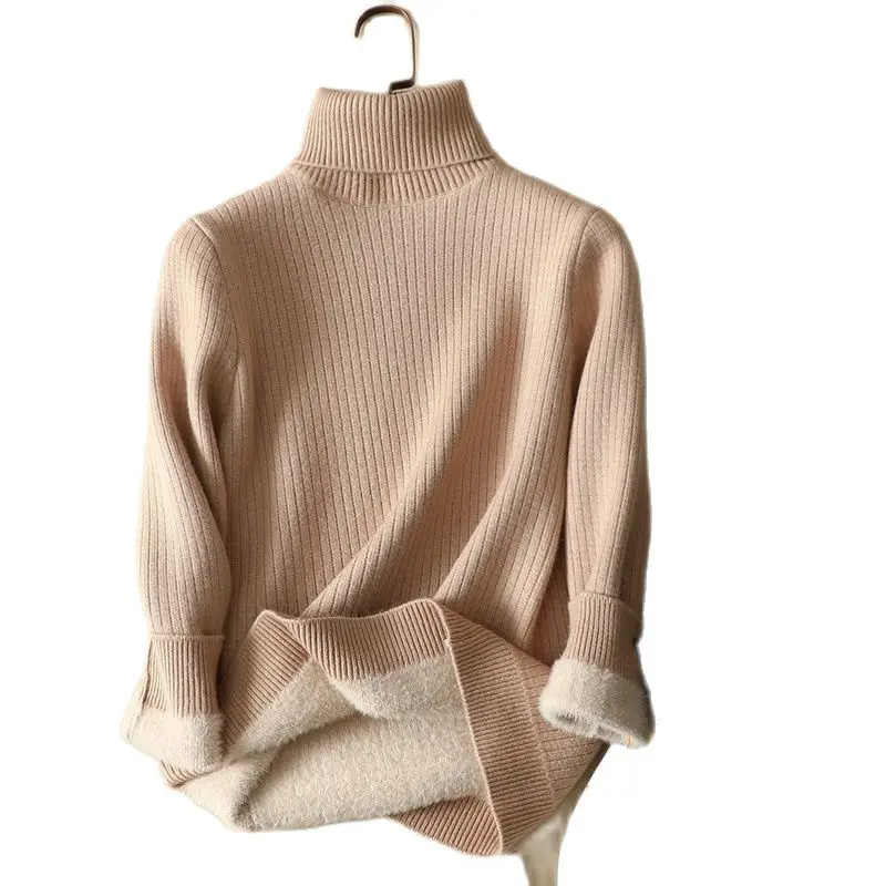 Women's Turtleneck Fleece Sweater, Female Pullovers, Thick, Solid, Slim, All Match, Buttleneck, Tops