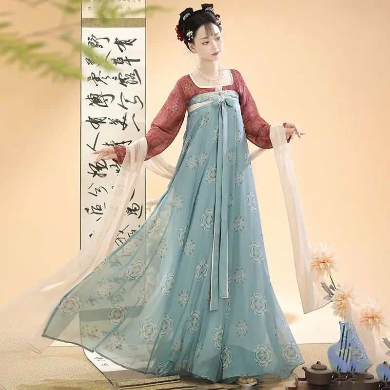 Vestido de fada hanfu feminino, dinastia Tang, fantasia de princesa vintage, estampa floral tradicional antiga, estilo chinês, dança doce