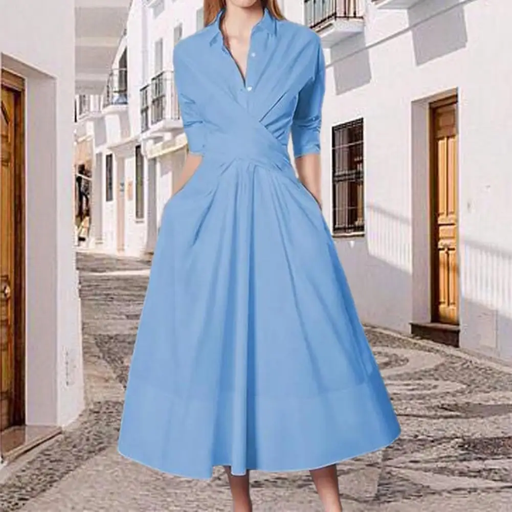 

Women Solid Color Mid-rise Shirt Dress V-Neck Long Sleeve Belt Buttons Half Placket Pockets Loose Hem Midi Dress Lady Workwear