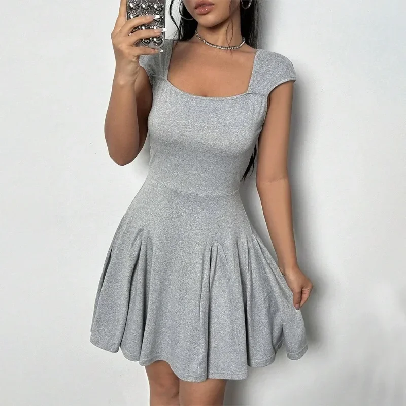 

Elegant Sexy Backless High Waist A-line Mini Dresses Summer Women's Dress 2024 new large neckline knit Skinny Short dress YSQ28