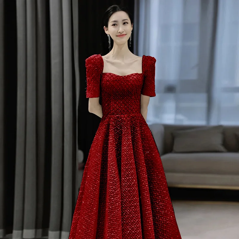 Retro French Square Collar Evening Party Dress Burgundy Sequin Wedding Dress Qipao Elegant Trailing Robe De Soiree Prom Dress