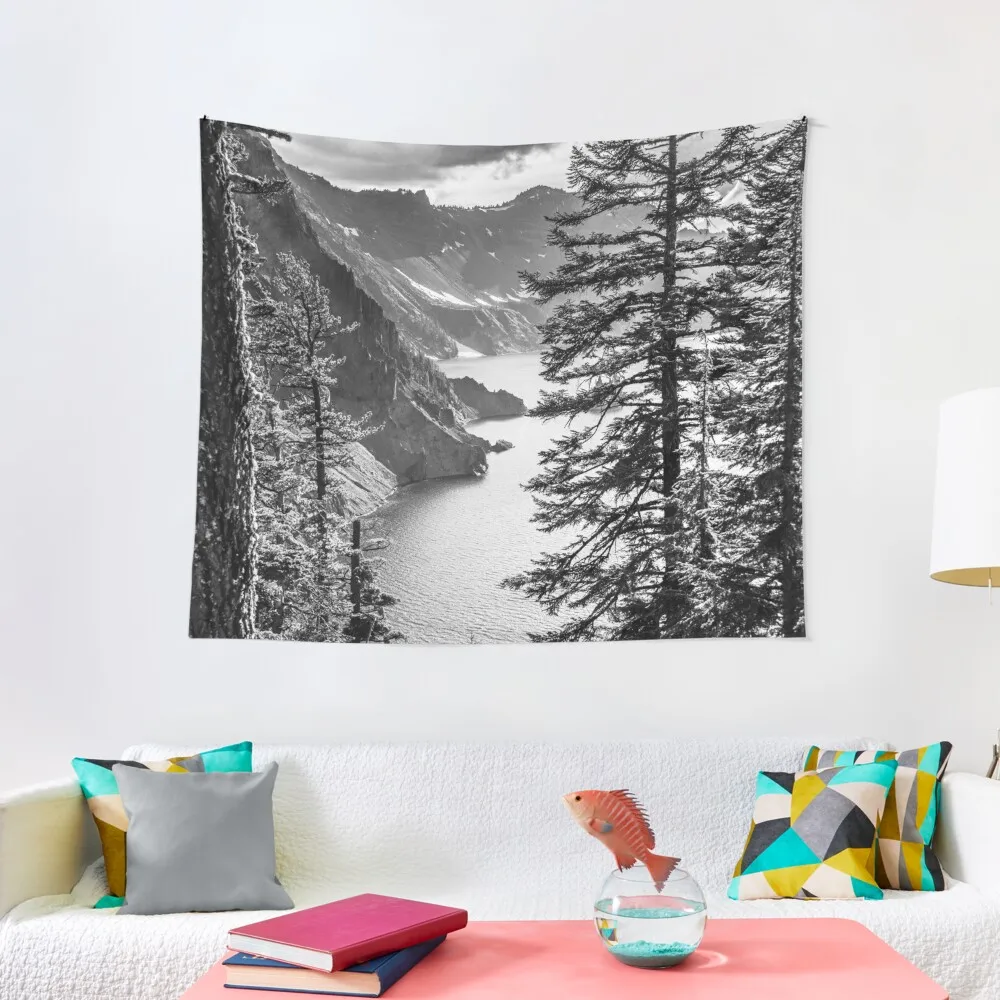 Mountains and Forest Lake Water - Black and White Crater Lake Oregon Tapestry Cute Decor Christmas Decoration Tapestry