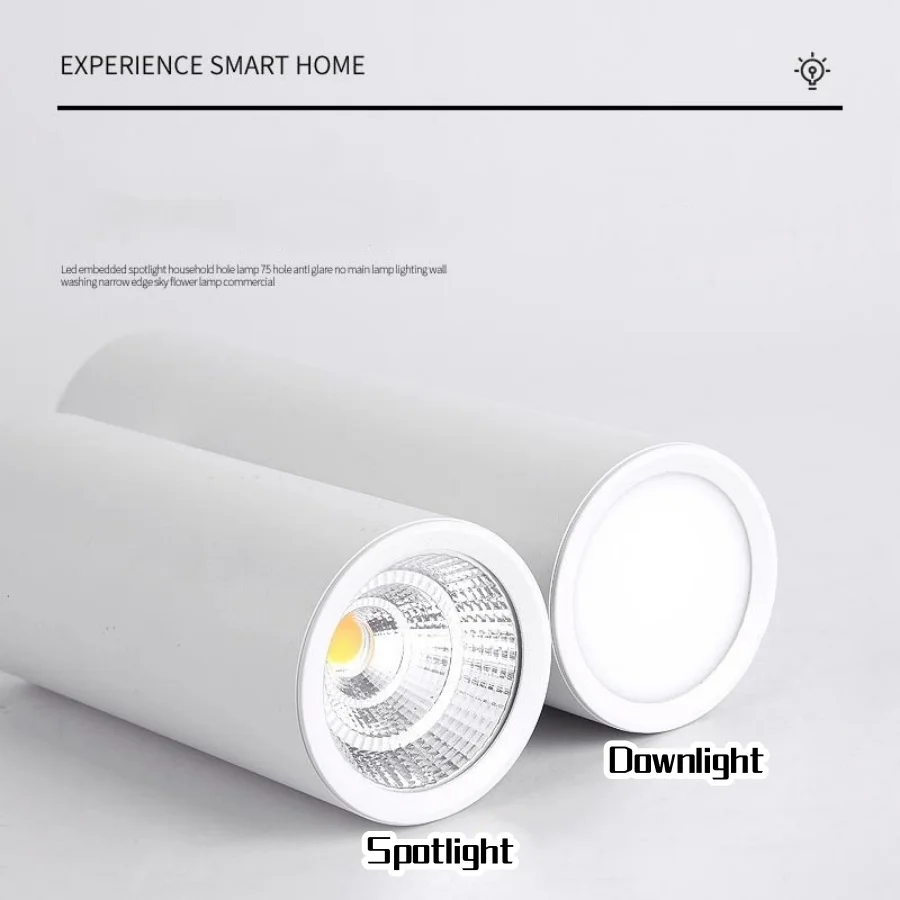 Długotrzonowa lampa LED typu downlight, reflektor sufitowy, ściemnialna, COB 12W, natynkowa, do salonu, sypialni, sklepu, 85-265V