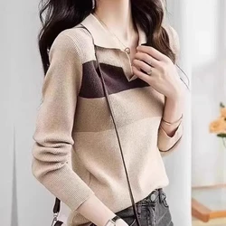 Autumn Winter Fashion POLO Collar Long Sleeve Patchwork Color Blocking Pullovers Women's Clothing Loose Korean Bottoming Shirts