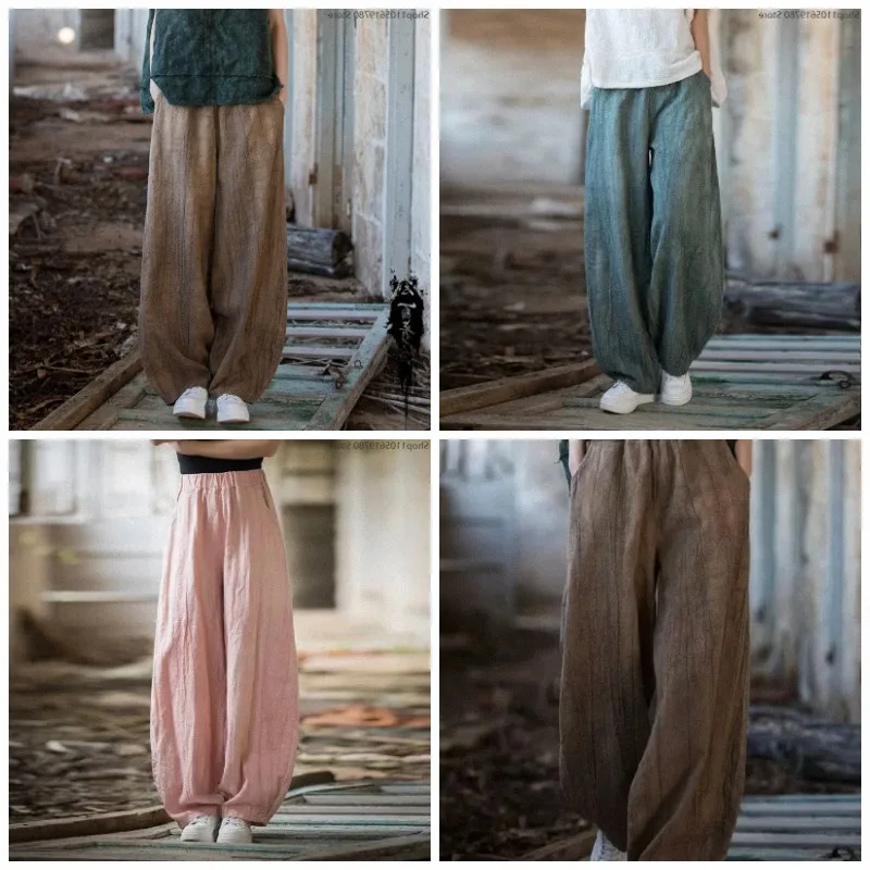 Women Vintage Washed Linen Wide Leg Pants Elastic Waist Loose Lantern Trousers Retro Casual Boho Bottoms Cosplay Costume Outfit
