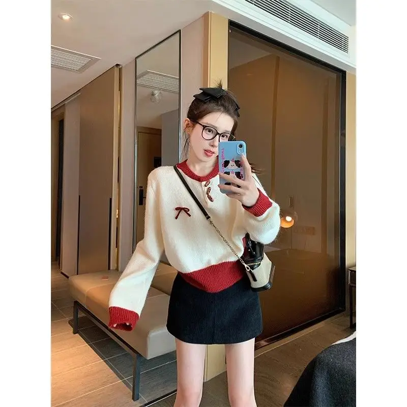 

Women Autumn Winter Korean Fashion Button Bow Color Blocking O-neck Women Clothing Kawaii Young Style Sweater Long Sleeve Tops