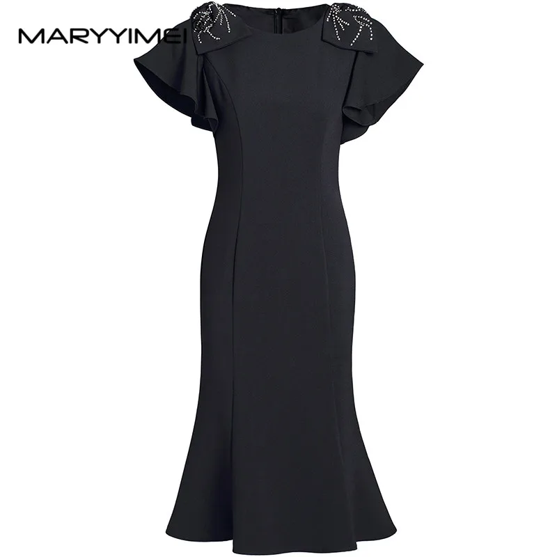 

MARYYIMEI Fashion Women's New Summer Flounced Edge Short-Sleeved Bow Diamond Elegant Hip Wrap Fishtail High-Waisted Dresses