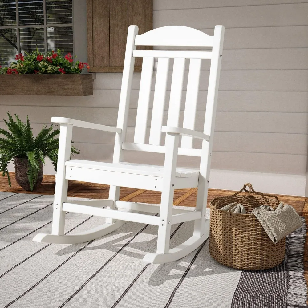 Rocking Chair Plastic Outdoor Indoor Patio Rocker Chair High Back All Weather Rocker for Patio Backyard Porch Garden (White)