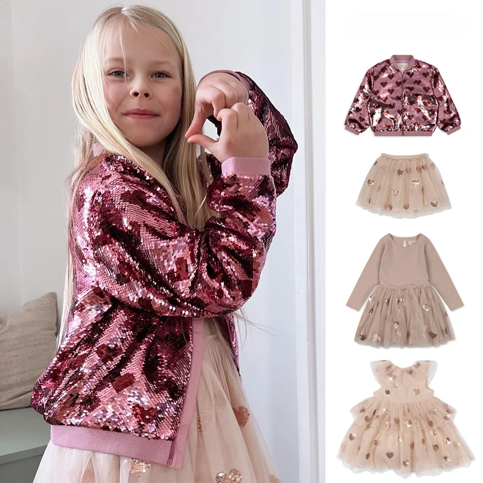 

2024 Autumn KS Children's Clothing Baby Girls Sequin Mesh Party Princess Dress Baseball Jacket Girl Skirt Bead Coat Jacket Suit