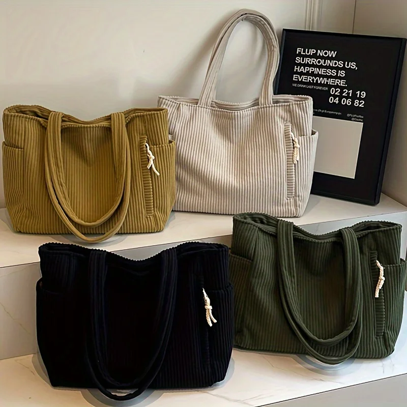 

Womens Corduroy Tote Bag Large Capacity Shoulder Bag with Zipper Pockets for Travel Work Everyday Use Storage