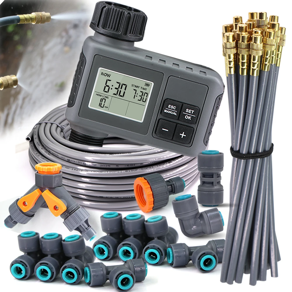

5-30M 1/4" Hose 20cm Flexible Brass Nozzle Timer Misting Cooling Kit for Garden Patio Plants Spray Automatic Irrigation System