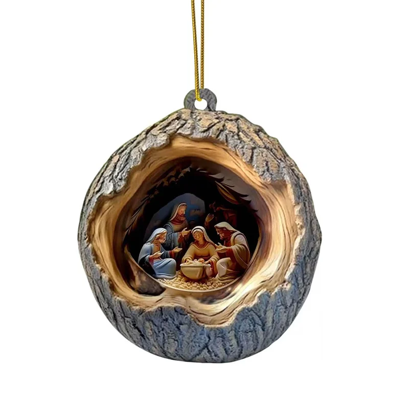 Nuevo adorno de nacimiento de Jesús, decoración acrílica 2D para espejo de coche, diseño ovalado, adorno para árbol de Navidad, espejo retrovisor de coche, adorno colgante