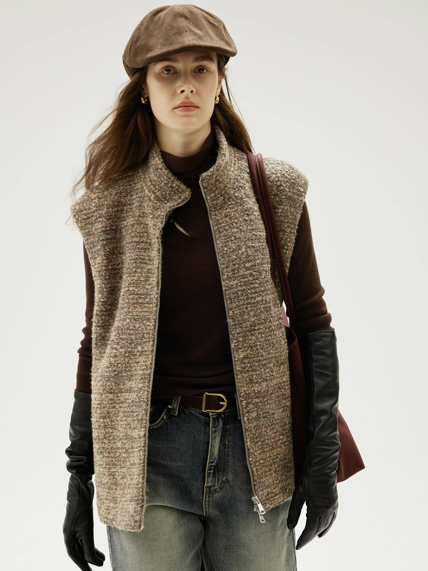 

Moofeel шерстяной смешанный жилет с цветочным узором, воротник-стойка на молнии, зимнее многослойное маленькое Fraance Sle Jaet Thi, теплая поездка на работу