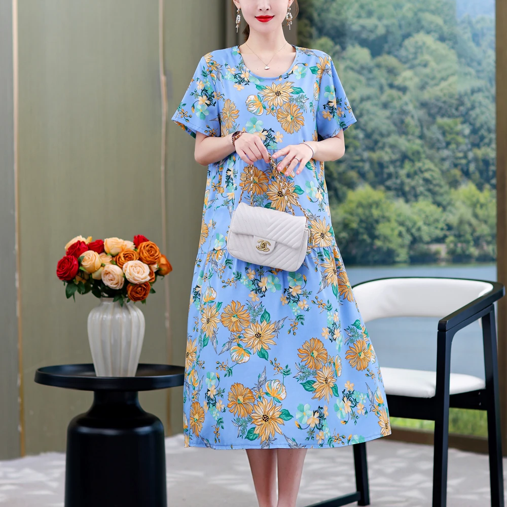 Neue Mode lässig Sommerkleider für Frauen Vintage Kurzarm O-Ausschnitt Druck lose Blumen kleid Frauen kleider