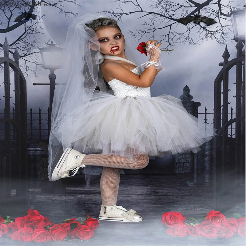AP1 Children Ghost Bride White Wedding Dress Zombie Cosplay Clothing Halloween Vampire Girl Tutu Dresses Veil Gloves
