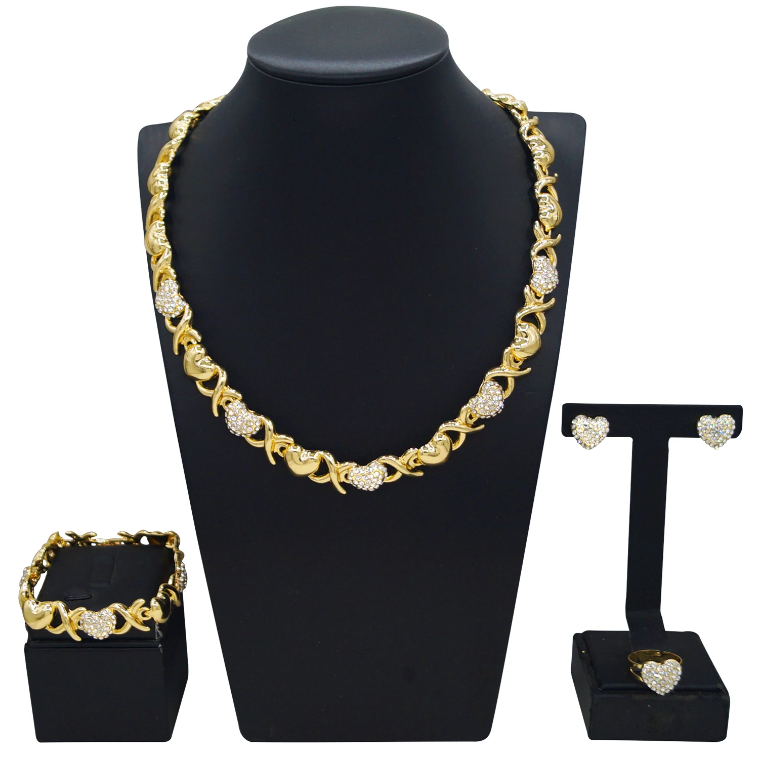 

Новое поступление, комплекты ювелирных изделий в стиле XOXO для женщин, стильное ожерелье в форме сердца, серьги, браслет, кольцо, свадебный комплект из четырех предметов