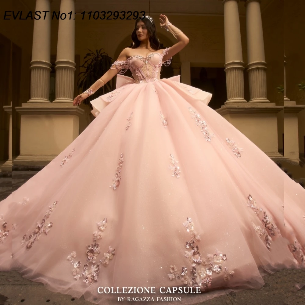 

EVLAST Customized Shiny Pink Quinceanera Dress Ball Gown Floral Applique Beading Bow Mexico Sweet 16 Vestidos De 15 Anos E1QN744
