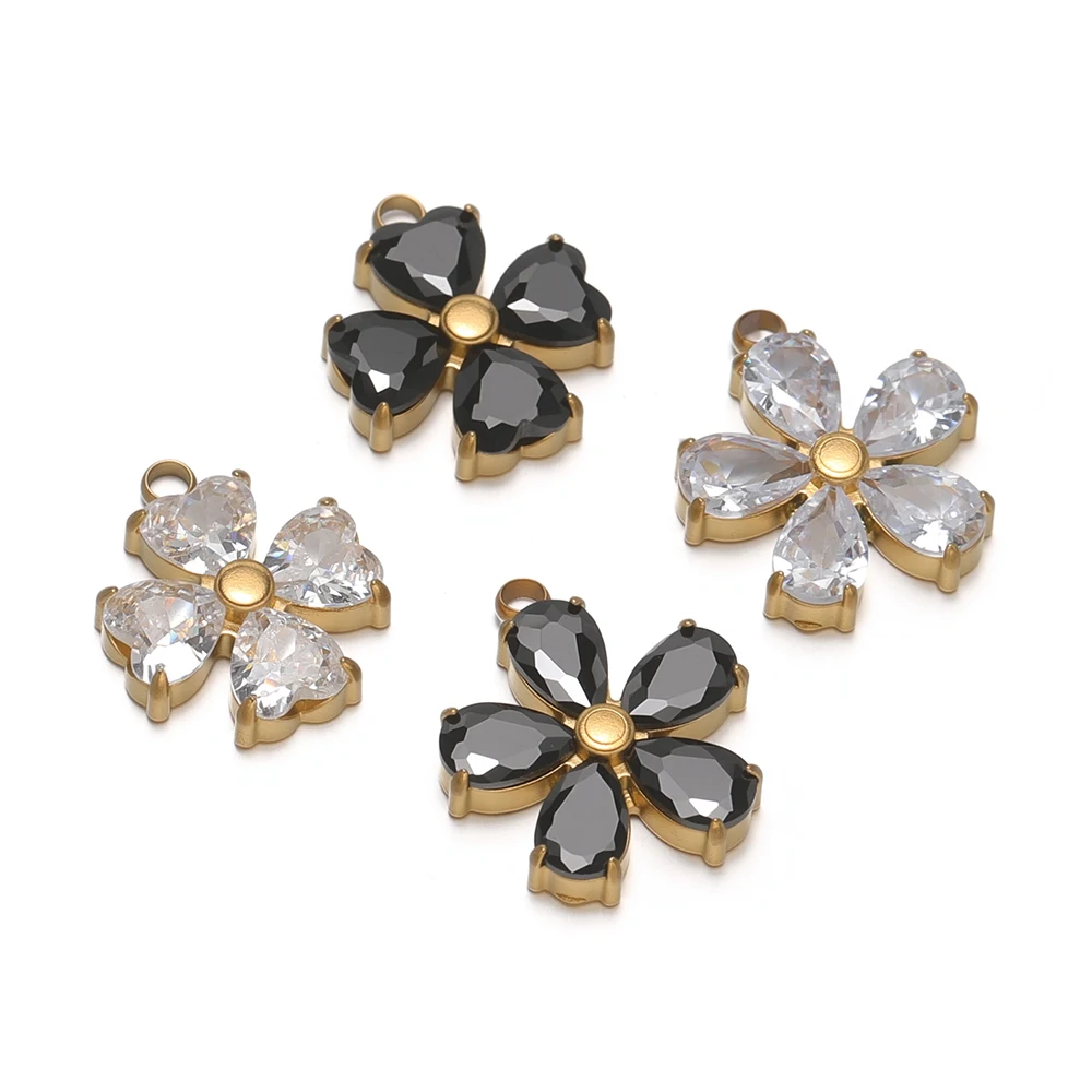 3Pcs Stainless Steel Zirconia Flower Charms Heart Petal Pendants for DIY Women Jewelry Making Girl Necklace Earrings Accessories