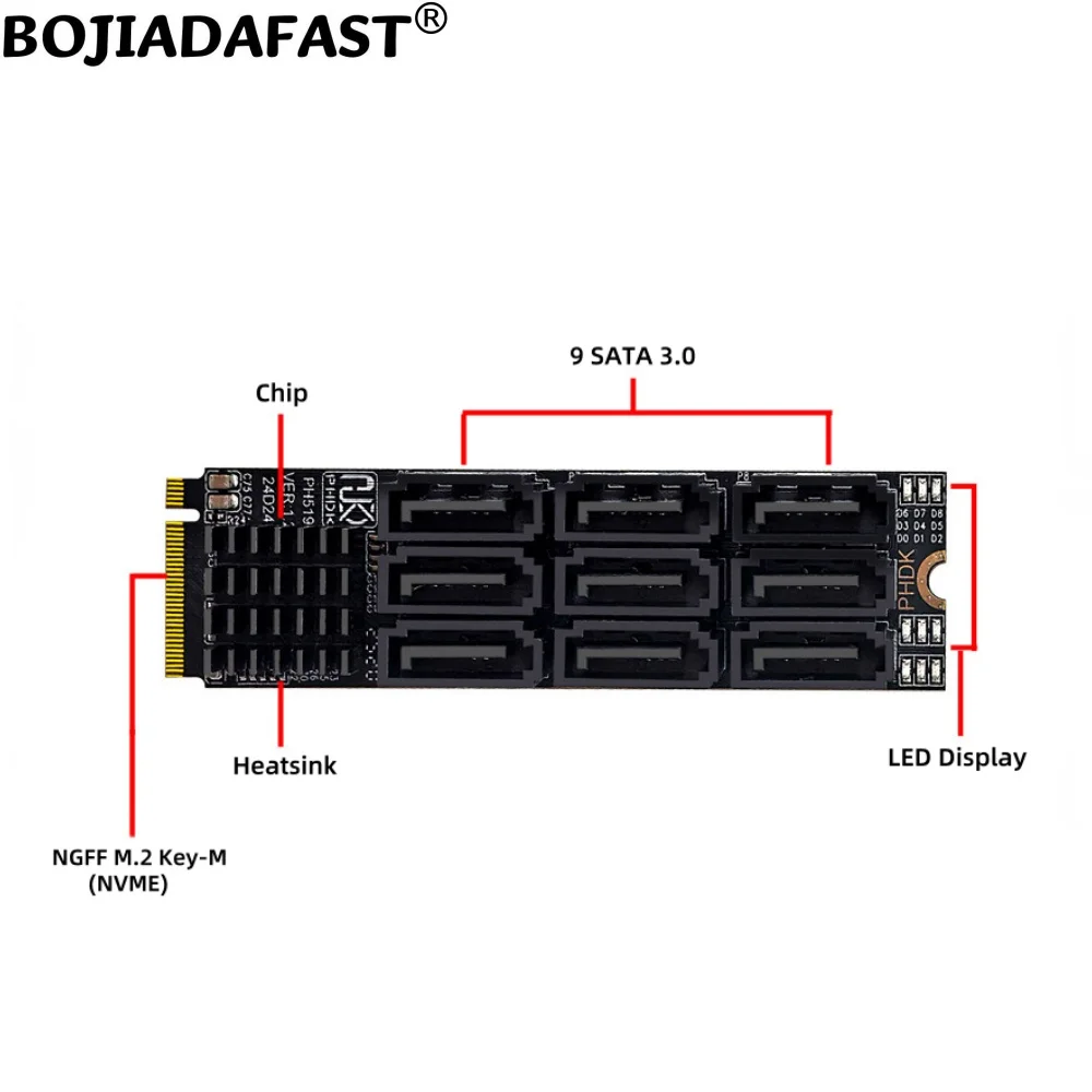 NGFF M.2 Key-M NVME Interface to 9 * SATA 3.0 Connector Adapter Expansion Riser Card for Hard Disk Drive