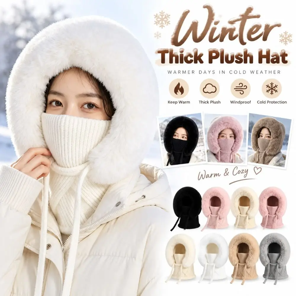 Trim Winter Thick Hat Diamond Pattern Drawstring Women's Knitted Ear Protectors Scarf Warm Lining Ear Coverage